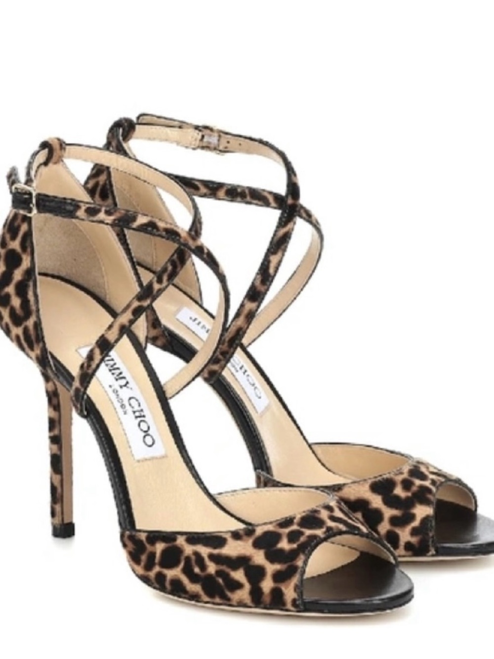 Jimmy Choo Emsy 100 Leopard-Print Strappy Peep-Toe Calf Hair Stiletto
